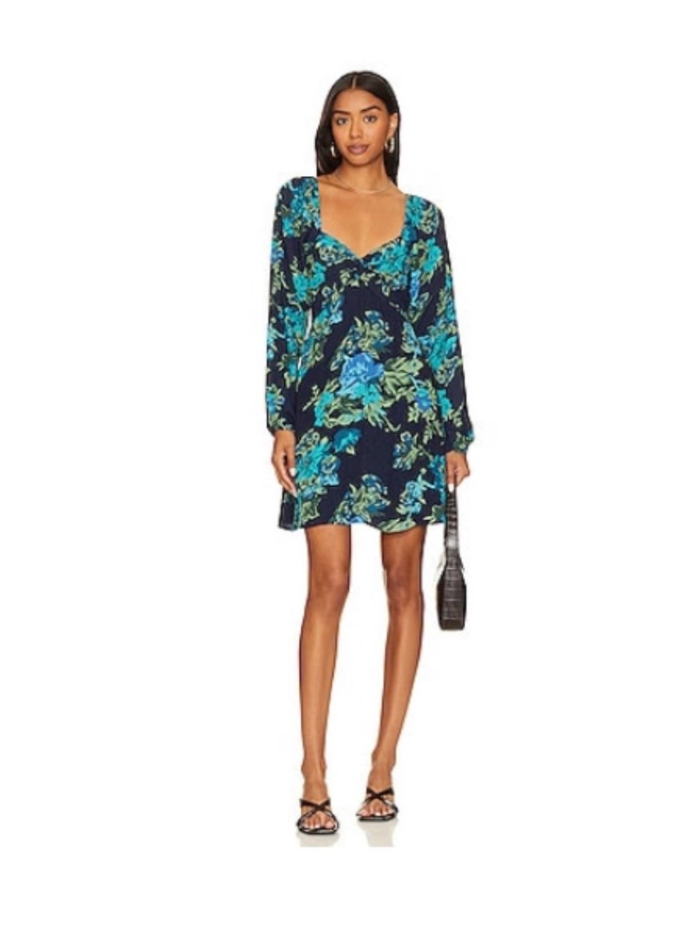 Navy Floral Long Sleeve Mini Dress - Blue & Green Print